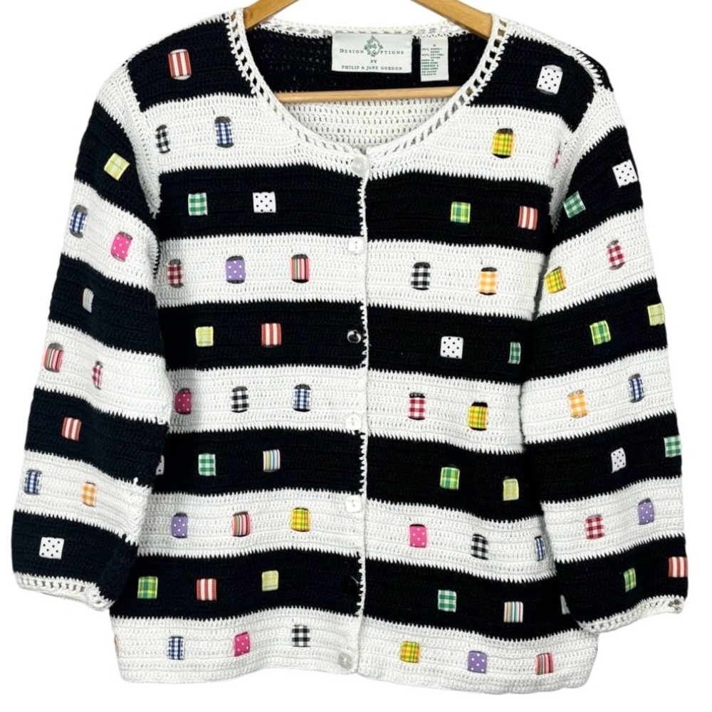 VTG Design Options Knit Black & White Stripes & Patchwork Detail Cardigan S
